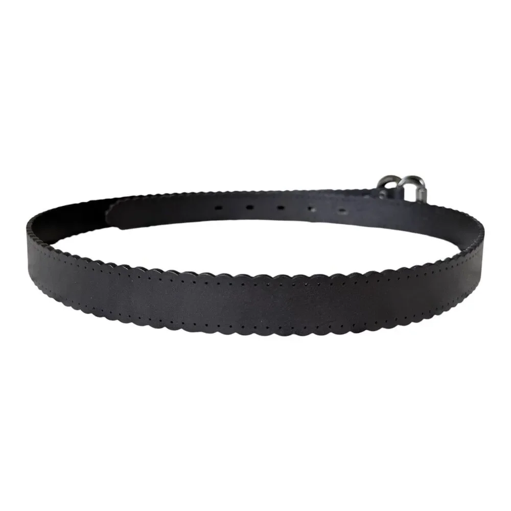 Fossil Women's Black Scalloped Laser Cut Leather Belt Sz Medium Gunmetal Buckle